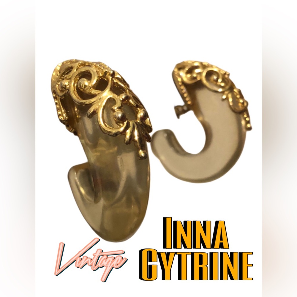 Vintage Inna Cytrine Lucite and Gold Filigree clip on runway earrings